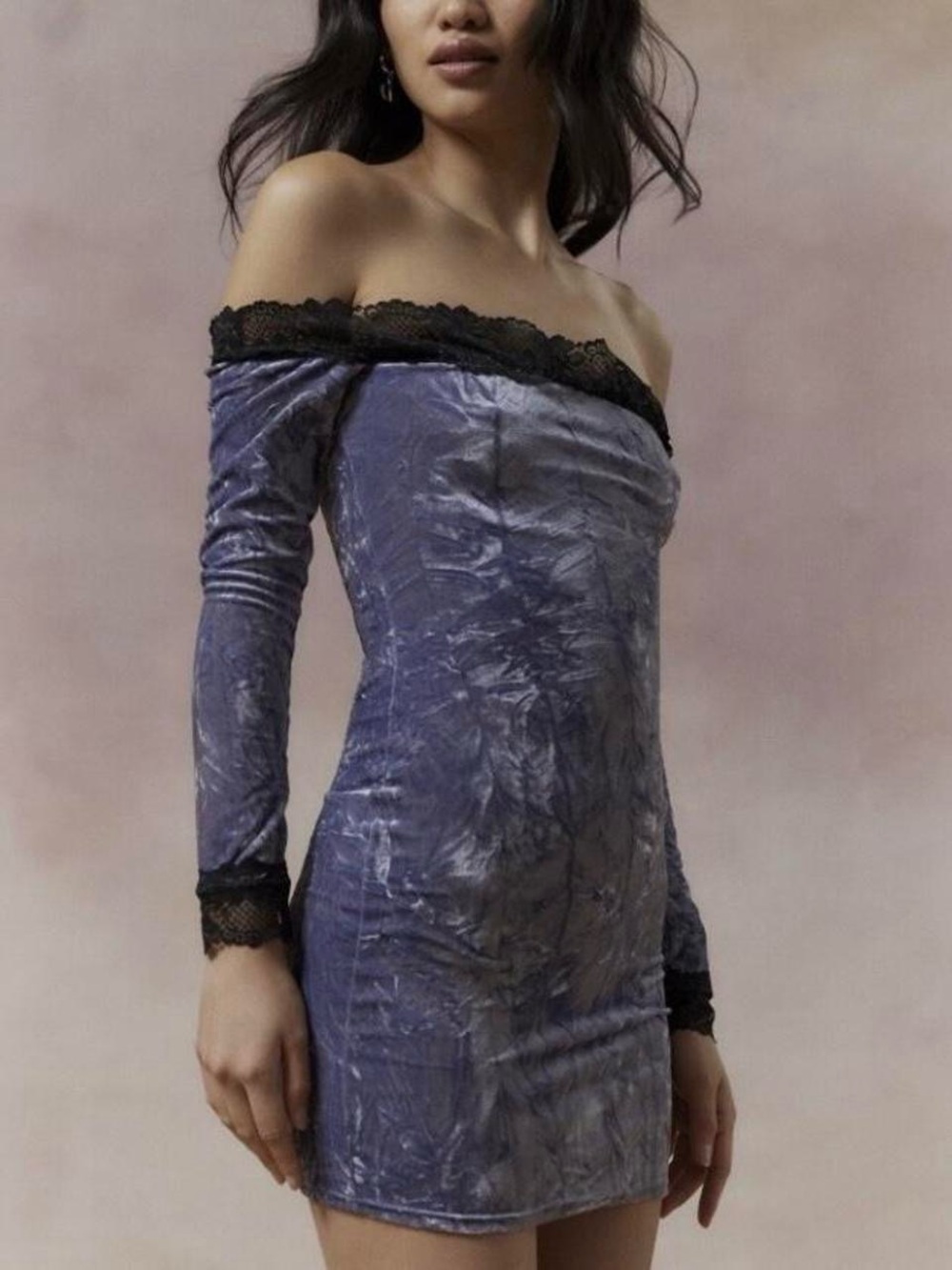 Kimchi Blue Off-Shoulder Velvet Mini Dress with Black Lace - Purple (Brand new)